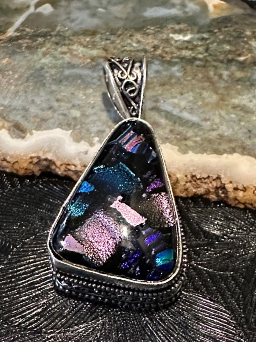 Artisan Sterling Silver Pendant with Black, Blue and Purple Dichroic Glass